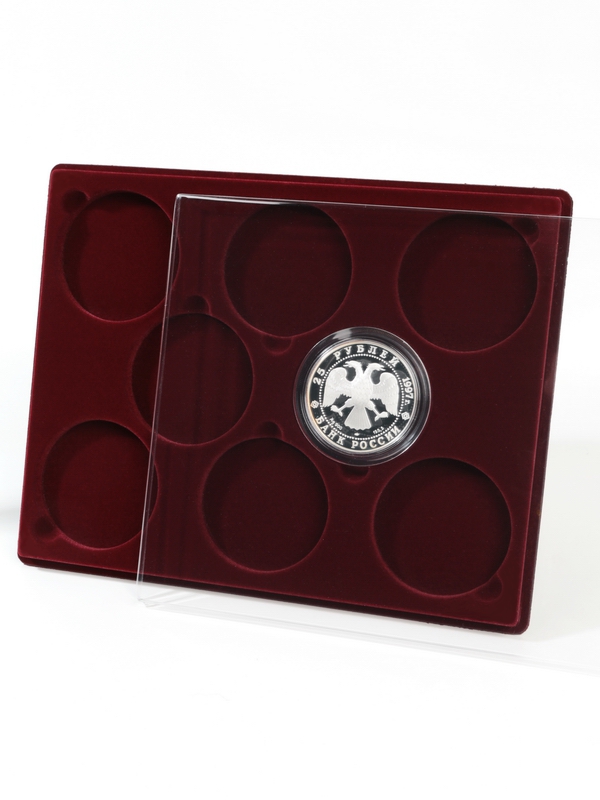  Планшет S (234х296х12 мм) для монет в капсулах d-74 мм (8 ячеек), тёмно-бордовый