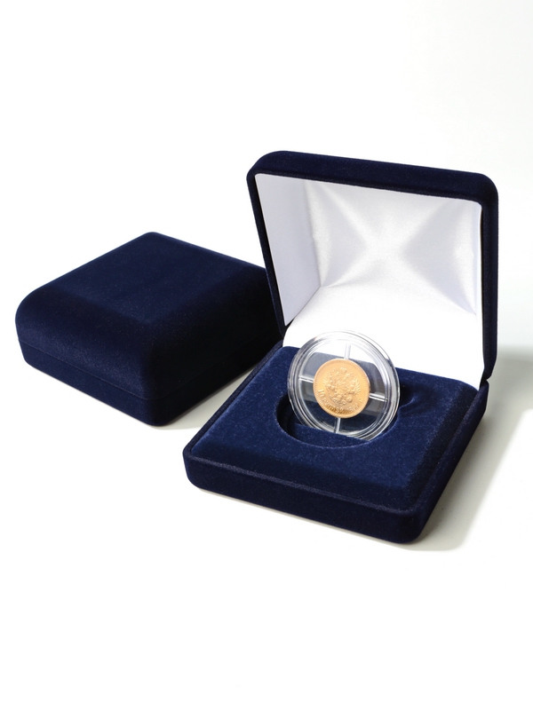 Футляр (92х92х40 мм) для монеты в капсуле (диаметр 44 мм), с вертикальной установкой медали, тёмно-синий