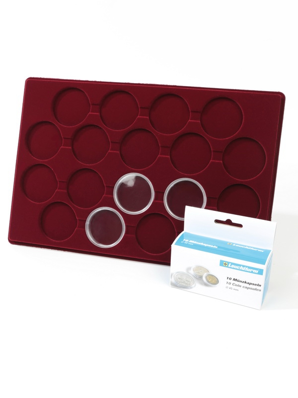 Планшет L (222х333х13 мм) для 18 монет в капсулах CAPS 45 Leuchtturm. Диаметр ячейки 51 мм