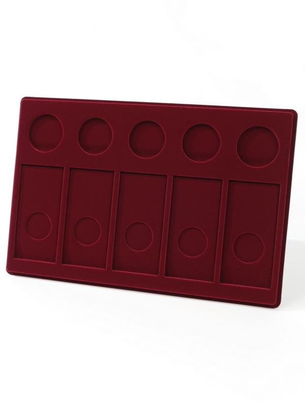  Планшет L (222х333х13 мм) для 5 серебряных монет 3 рубля в капсулах и 5 цветных монет 25 рублей в блистере, тёмно-бордовый