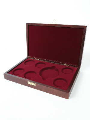 Деревянный футляр Vintage M (244х156х38 мм) под набор монет (2 капсулы d-44 мм, 4 капсулы d-46 мм, 1 капсула d-74 мм)