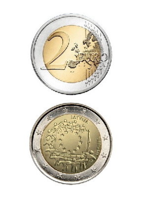 2 евро, Латвия (30 лет флагу Евросоюза). 2015 г. 2 евро, Латвия (30 лет флагу Евросоюза). 2015 г.