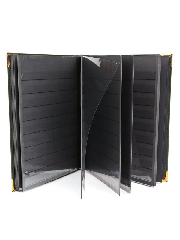 Альбом для марок (кляссер Royal-Line) из натуральной кожи, 16 листов (32 страницы), чёрный картон с промежуточными прозрачными листами. Зелёный. Prinz, 6016