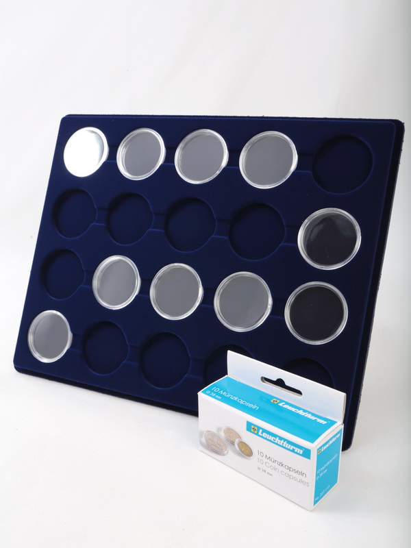 Планшет S (234х296х12 мм) для 20 монет в капсулах CAPS 39 и 40 Leuchtturm. Диаметр ячейки 45 мм, тёмно-синий  Планшет S (234х296х12 мм) для 20 монет в капсулах CAPS 39 и 40 Leuchtturm. Диаметр ячейки 45 мм, тёмно-синий