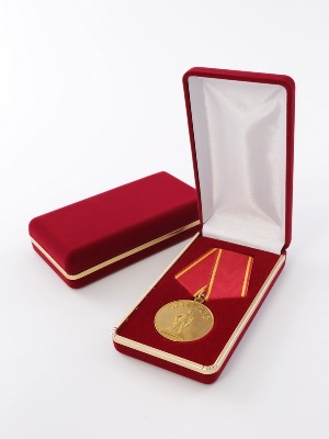 Футляр с золотым ободком (62х116х26 мм) под медаль РФ d-32 мм с пятиугольной колодкой Футляр с золотым ободком (62х116х26 мм) под медаль РФ d-32 мм с пятиугольной колодкой