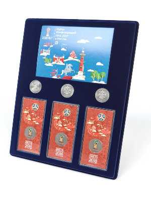 Планшет S (234х296х12 мм) для 3 монет 25 рублей и 3 монет 25 рублей в блистере «Футбол 2018» + Открытка. Санкт-Петербург. Официальная символика Планшет S (234х296х12 мм) для 3 монет 25 рублей и 3 монет 25 рублей в блистере «Футбол 2018» + Открытка. Санкт-Петербург. Официальная символика