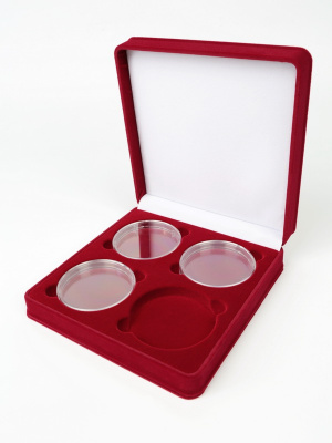 Футляр (186х192х50 мм) для 4 монет в капсулах (диаметр 74 мм), светло-бордовый  Футляр (186х192х50 мм) для 4 монет в капсулах (диаметр 74 мм), светло-бордовый