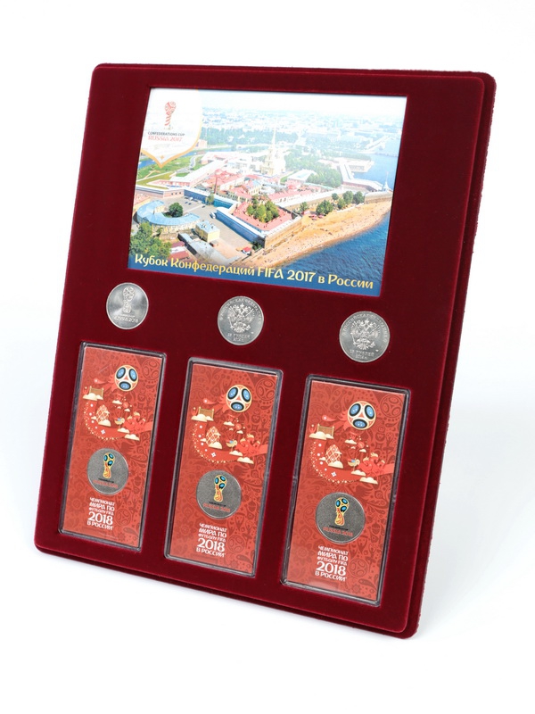 Планшет S (234х296х12 мм) для 3 монет 25 рублей и 3 монет 25 рублей в блистере «Футбол 2018» + Открытка. Санкт-Петербург. Вид на Петропавловскую крепость