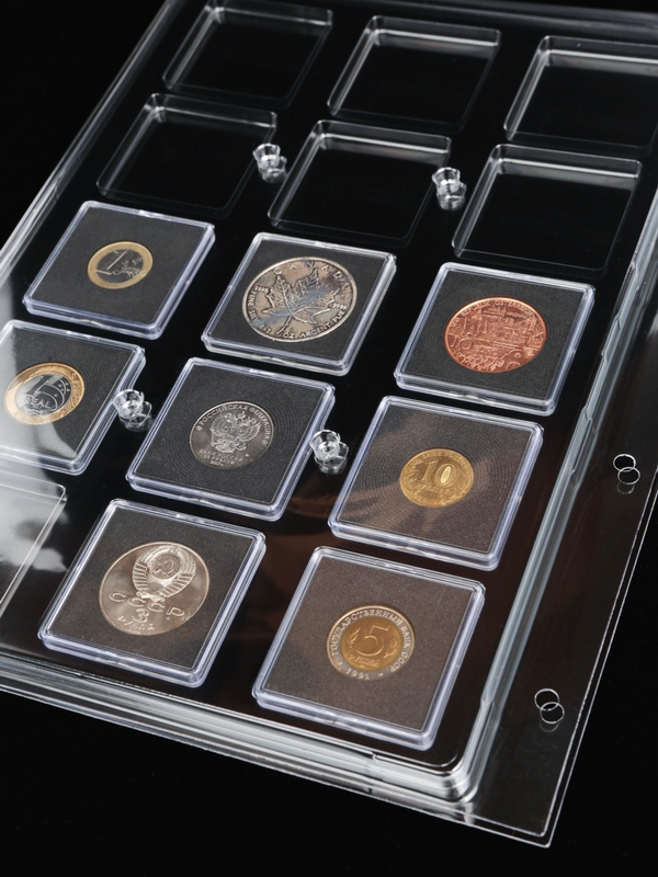 Листы-обложки Гранде из прозрачного пластика для 15 монет в капсулах 50х50х6 мм. Упаковка из 2 листов, Россия