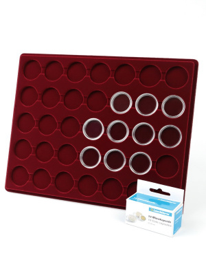 Планшет S (234х296х12 мм) для 35 монет в капсулах CAPS 28 Leuchtturm. Диаметр ячейки 34 мм, тёмно-бордовый  Планшет S (234х296х12 мм) для 35 монет в капсулах CAPS 28 Leuchtturm. Диаметр ячейки 34 мм, тёмно-бордовый