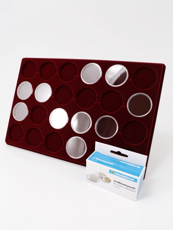 Планшет L (222х333х13 мм) для 24 монет в капсулах CAPS 39 и 40 Leuchtturm. Диаметр ячейки 45 мм Планшет L (222х333х13 мм) для 24 монет в капсулах CAPS 39 и 40 Leuchtturm. Диаметр ячейки 45 мм