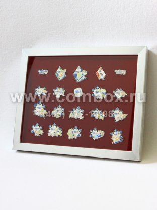 Багетная рамка (270х330х32 мм) со значками Сочи-2014 "Талисманы в видах спорта". Серебро