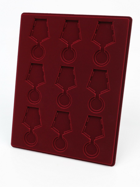 Планшет S (234х296х12 мм) на 9 медалей РФ d-32 мм с пятиугольной колодкой. Вертикальный, тёмно-бордовый