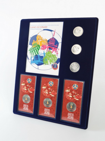 Планшет S (234х296х12 мм) для 3 монет 25 рублей и 3 монет 25 рублей в блистере «Футбол 2018» + Открытка. Санкт-Петербург
