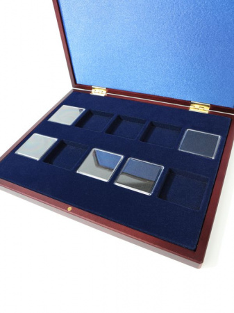 Футляр деревянный Volterra Uno (304х244х31 мм) для серии из 10 монет «The Queen's Beasts» (5 pounds, 2 oz silver proof) в капсулах Quadrum High. С логотипом