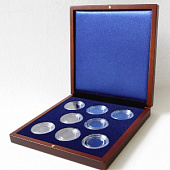 Деревянный футляр Volterra (190х196х32 мм) для 8 монет в капсулах (диаметр 44 мм). Синий