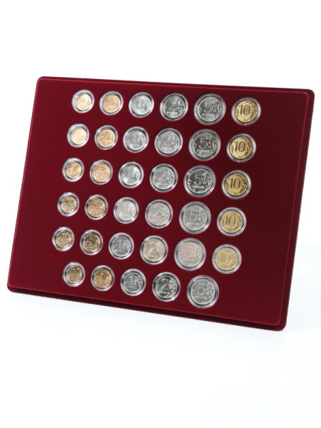  Набор из 6 планшетов S (234х296х12 мм) для монет России регулярного выпуска. 1997–2019. В капсулах Leuchtturm, тёмно-бордовый