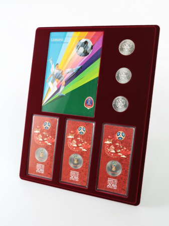 Планшет S (234х296х12 мм) для 3 монет 25 рублей и 3 монет 25 рублей в блистере «Футбол 2018» + Открытка. Самара