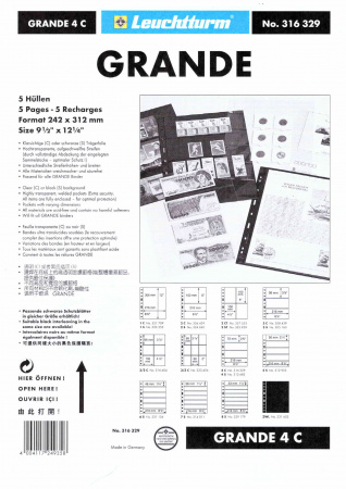 Листы-обложки GRANDE 4C (242х312 мм) из прозрачного пластика на 4 ячейки (216х72 мм). Упаковка из 5 листов. Leuchtturm, 316329