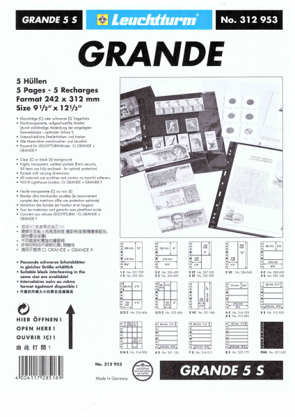 Листы-обложки GRANDE 5S (242х312 мм) двусторонние на 5 ячеек (216х56 мм). Упаковка из 5 листов. Leuchtturm, 312953