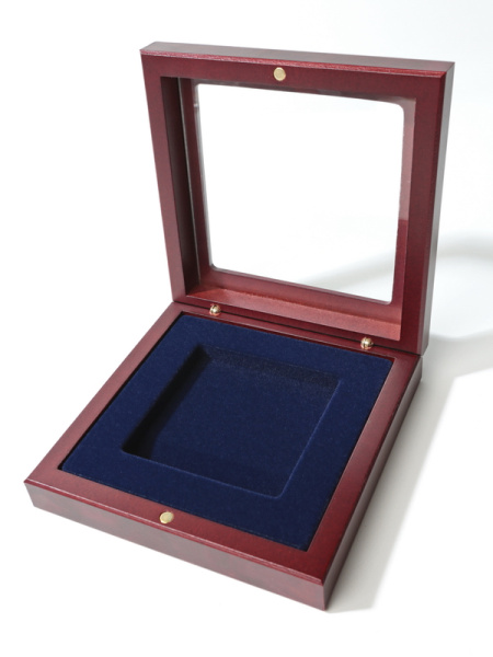 Деревянный футляр с прозрачным окном Volterra (120х120х34 мм) для монеты в капсуле Quadrum XL (67,25х67,25х7,5 мм), тёмно-синий