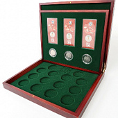 Футляр деревянный Volterra Duo (344х267х50 мм) для 3 монет 25 рублей в капсулах, 3 монет 25 рублей в блистере, 14 серебряных монет «Футбол 2018» в капсулах. 2 уровня
