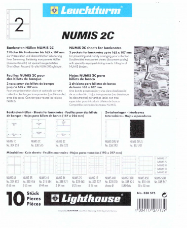 Лист-обложка NUMIS 2C (187х224 мм) из прозрачного пластика на 2 ячейки (165х107 мм). Leuchtturm, 338575/1