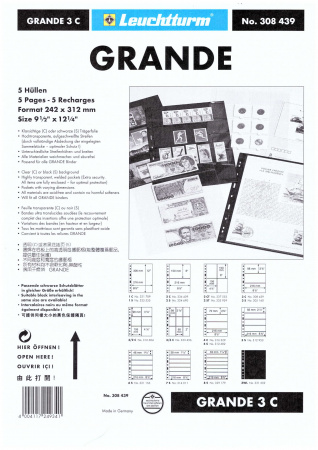Листы-обложки GRANDE 3C (242х312 мм) из прозрачного пластика на 3 ячейки (216х98 мм). Упаковка из 5 листов. Leuchtturm, 308439