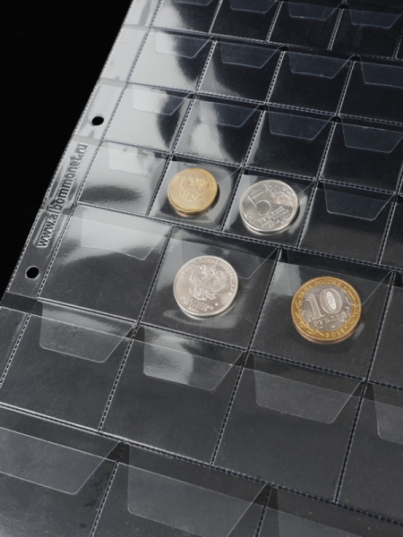 Лист-обложка ГРАНДЕ (Россия) (250х311 мм) на 51 ячейку (MIX) с клапанами для хранения монет разного диаметра. Standart. Albommonet, ЛМГ51