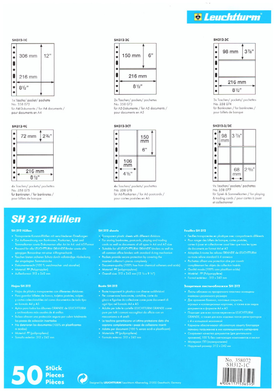 Листы-обложки GRANDE SH312-1C (242х312 мм) из тонкого прозрачного пластика на 1 ячейку (216х306 мм). Упаковка из 10 листов. Leuchtturm, 358072/10