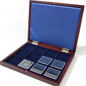 Деревянный футляр Volterra Smart (252х204х32 мм) для 12 монет в капсулах Quadrum (50х50х6 мм). Синий