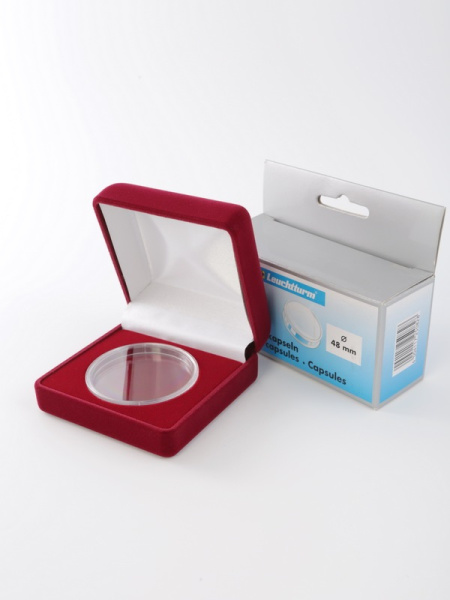 Футляр (80х80х40 мм) для монеты, медали диаметром 48 мм в капсуле Leuchtturm (диаметр ячейки 54 мм), светло-бордовый  Футляр (80х80х40 мм) для монеты, медали диаметром 48 мм в капсуле Leuchtturm (диаметр ячейки 54 мм), светло-бордовый