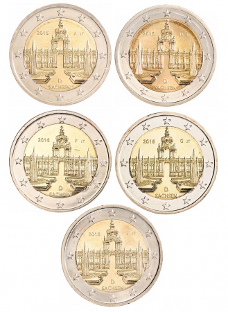 Набор из 5 монет 2 евро, Германия (Sachsen A, D, F, G, J). 2016 г.