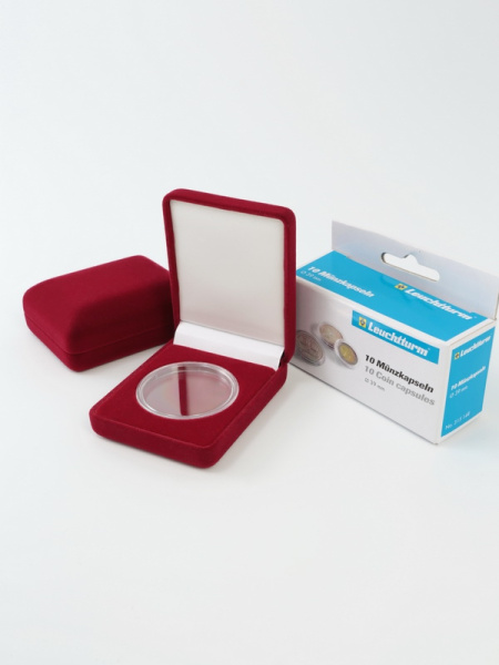 Футляр (61х79х32 мм) для монеты, медали диаметром 39 мм и 40 мм в капсуле Leuchtturm (диаметр ячейки 45 мм), светло-бордовый  Футляр (61х79х32 мм) для монеты, медали диаметром 39 мм и 40 мм в капсуле Leuchtturm (диаметр ячейки 45 мм), светло-бордовый