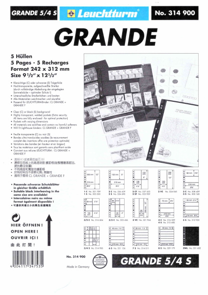 Лист-обложка GRANDE 5/4S (242х312 мм) двусторонний на 20 ячеек (50х56 мм). Leuchtturm, 314900/1