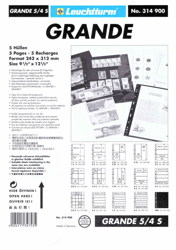 Лист-обложка GRANDE 5/4S (242х312 мм) двусторонний на 20 ячеек (50х56 мм). Leuchtturm, 314900/1