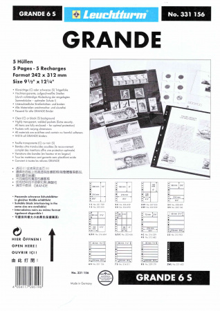 Листы-обложки GRANDE 6S (242х312 мм) двусторонние на 6 ячеек (216х46 мм). Упаковка из 5 листов. Leuchtturm, 331156