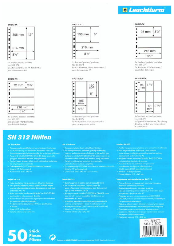 Листы-обложки GRANDE SH312-3/3C (242х312 мм) из тонкого прозрачного пластика на 9 ячеек (68х98 мм). Упаковка из 50 листов. Leuchtturm, 358077