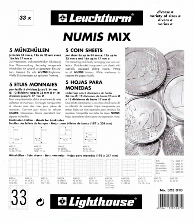 Лист-обложка для монет NUMIS MIX (193х217 мм) из прозрачного пластика для хранения монет разного диаметра. Leuchtturm, 323010/1