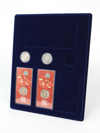 Планшет S (234х296х12 мм) для 3 монет 25 рублей в капсулах Leuchtturm, 3 монет 25 рублей в блистере и банкноты «Футбол 2018» в чехле