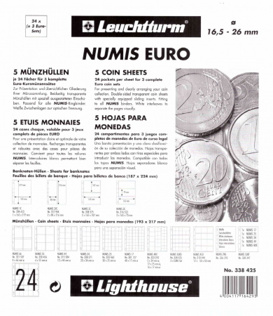 Листы-обложки NUMIS EURO (193х217 мм) из прозрачного пластика для монет Euro. Упаковка из 5 листов. Leuchtturm, 338425