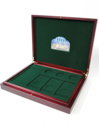 Футляр деревянный Volterra Duo (344х267х50 мм) для банкноты, 3 монет 25 рублей в капсулах, 3 монет 25 рублей в блистере, 3 золотых и 14 серебряных монет «Футбол 2018» в капсулах, Забивака. 2 уровня