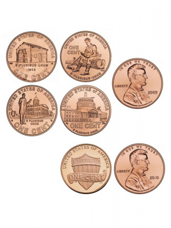 Набор из 5 монет 1 cent (USA) «200 лет со дня рождения Авраама Линкольна» и «Щит национального единства»