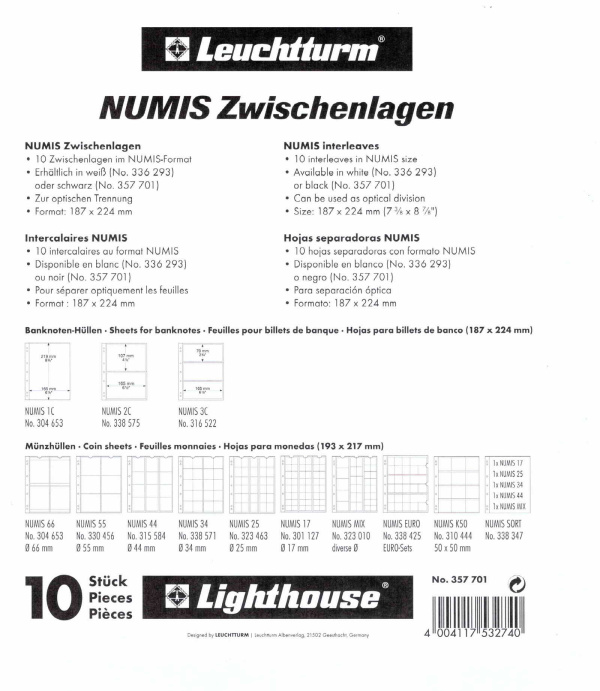 Прокладочные листы NUMIS ZWL (188х225 мм). Упаковка из 10 листов. Leuchtturm, 357701