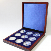 Деревянный футляр Volterra (190х196х32 мм) для 9 монет в капсулах (диаметр 44 мм). Синий