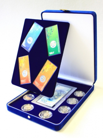 Футляр (220х300х50 мм) под 4 цветные монеты Сочи-2014 в блистере, 1 банкноту Сочи-2014 в капсуле и 8 монет Сочи-2014 в капсулах. 2 уровня.