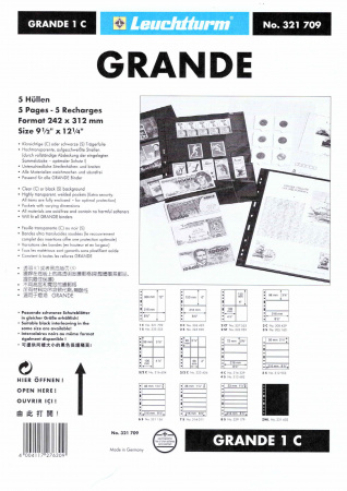 Листы-обложки GRANDE 1C (242х312 мм) из прозрачного пластика на 1 ячейку (216х306 мм). Упаковка из 5 листов. Leuchtturm, 321709