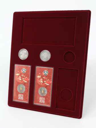 Планшет S (234х296х12 мм) для 3 монет 25 рублей в капсулах Leuchtturm, 3 монет 25 рублей в блистере и банкноты «Футбол 2018» в чехле