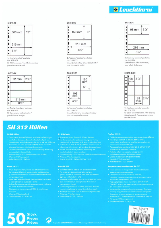 Листы-обложки GRANDE SH312-2C (242х312 мм) из тонкого прозрачного пластика на 2 ячейки (216х150 мм). Упаковка из 10 листов. Leuchtturm, 358073/10