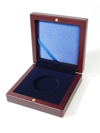 Деревянный футляр Volterra (100х100х32 мм) для одной монеты в капсуле (диаметр 44 мм). Синий